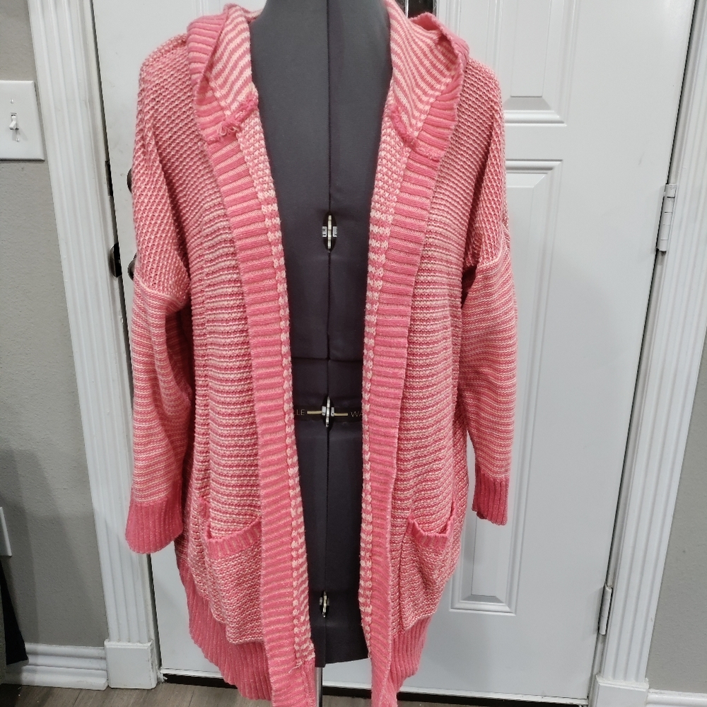 Sonoma coral white striped hooded cardigan women's size Large